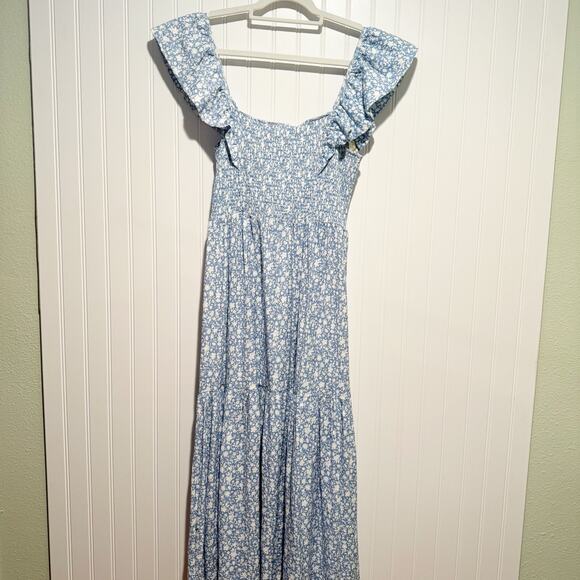 Nation LTD Gwen Tie Back Dress Blue Floral Cottagecore Smocked Size Medium - Picture 2 of 9
